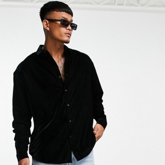 ASOS DESIGN Oversized Velvet Shirt in Black - Size M - Picture 1 of 5